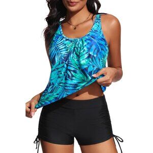 Tankini Swimsuits Tops with Boyshorts Tropical Blue Green Size XXL NWT #2121